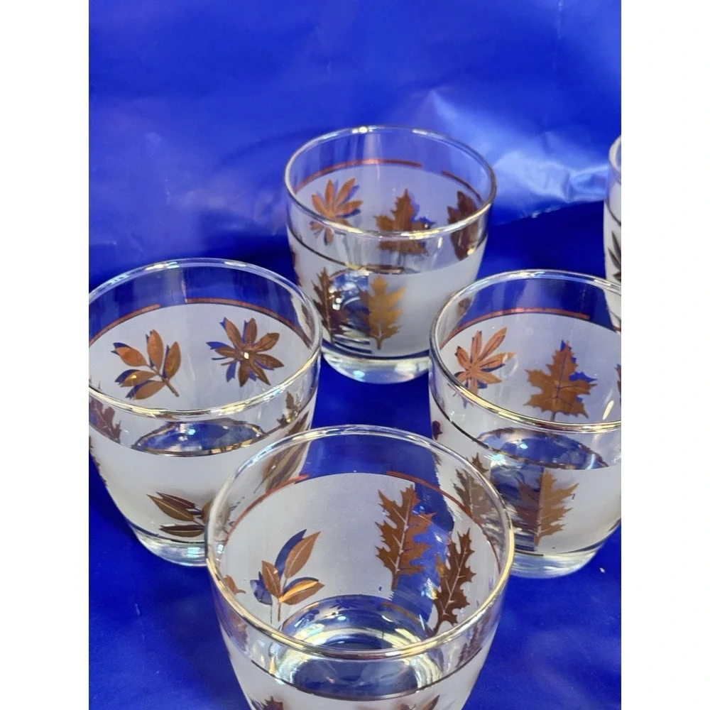 Set of 8 Libbey Golden Foliage Lowball Glasses Gold Rim Frosted 3